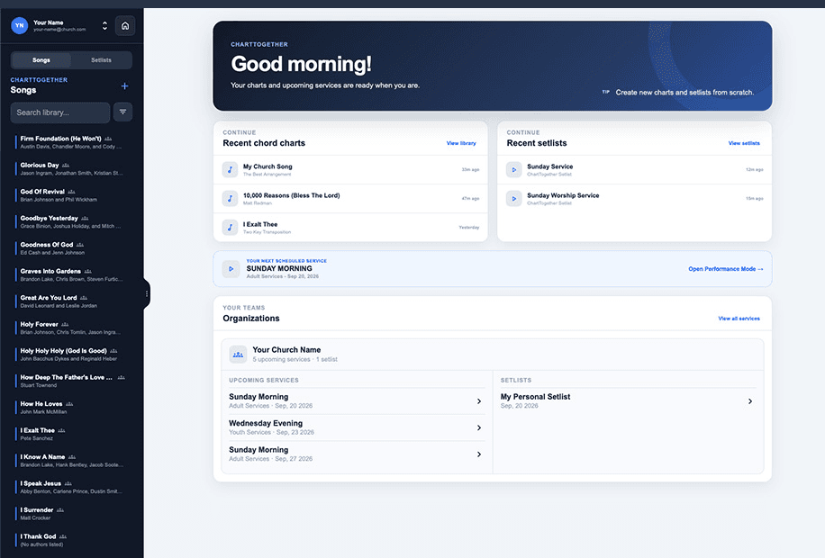 ChartTogether home screen showing recent charts, setlists, services, and organizations